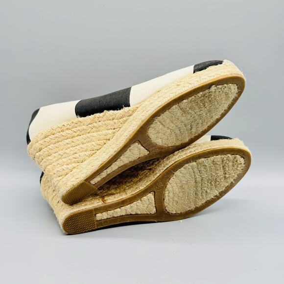 J Crew Shoes Womens 9.5 Black Ivory Wedge Espadrille Canvas Striped Summer - Picture 9 of 12